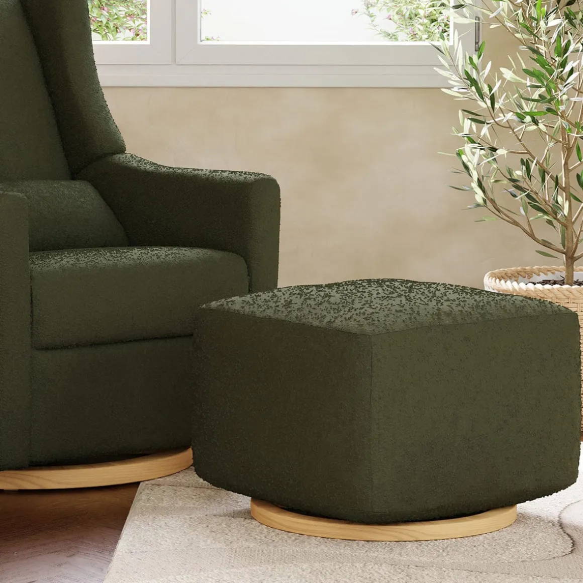 Babyletto Kiwi Gliding Ottoman - Olive Boucle w/ Light Wood Base