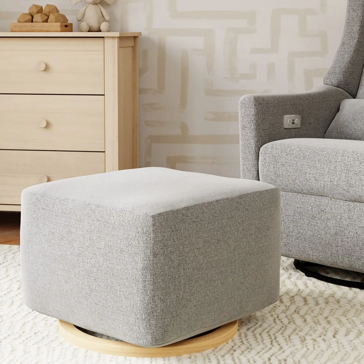 Babyletto Kiwi Gliding Ottoman - Performance Grey Eco-Weave w/ Light Wood Base