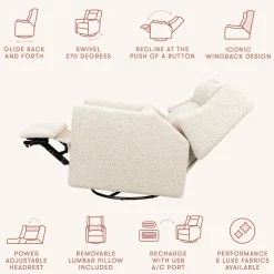 Babyletto Kiwi Plus Electric Recliner Swivel Glider w/ Adjustable Headrest + USB Port - Almond Teddy Loop