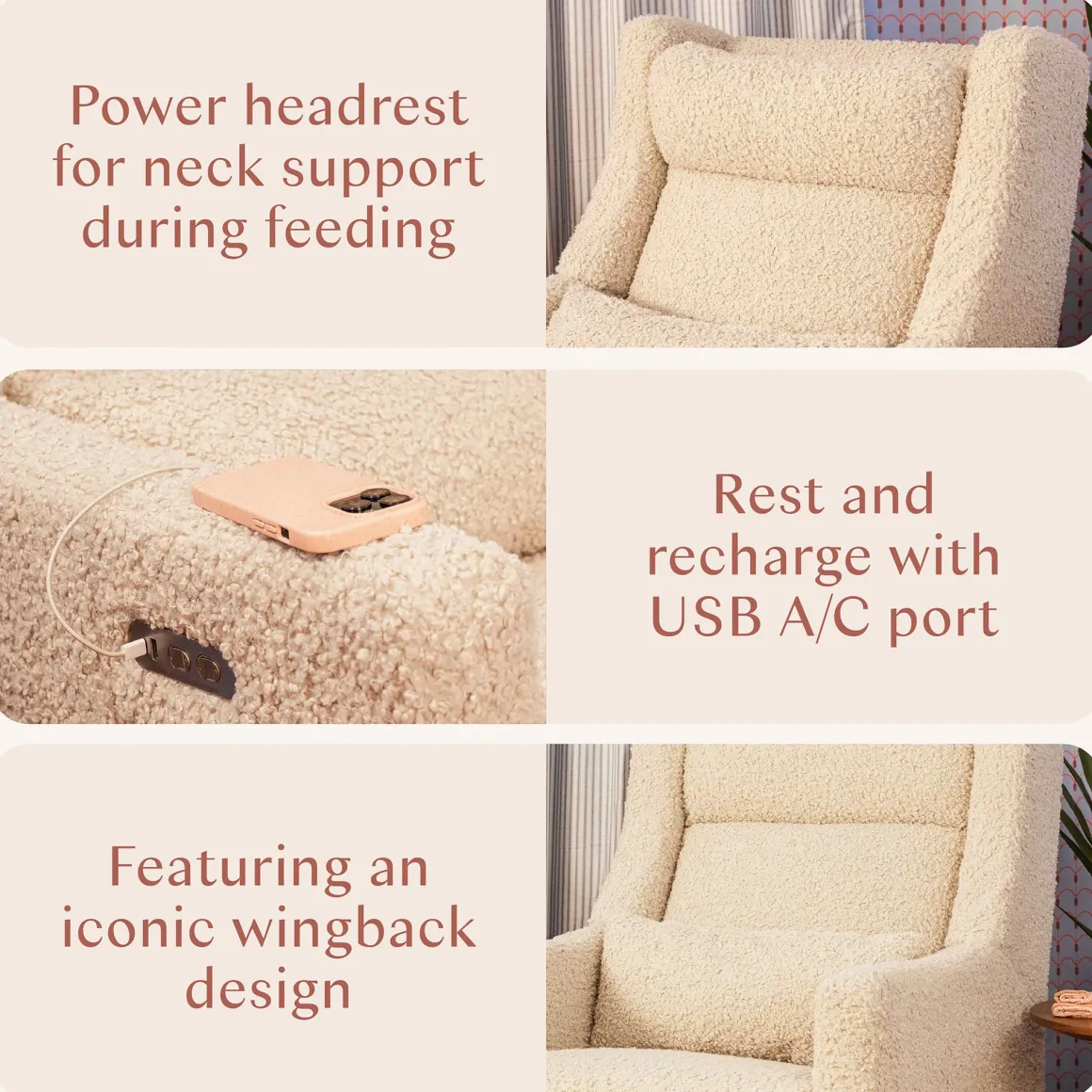 Babyletto Kiwi Plus Electric Recliner Swivel Glider w/ Adjustable Headrest + USB Port - Almond Teddy Loop