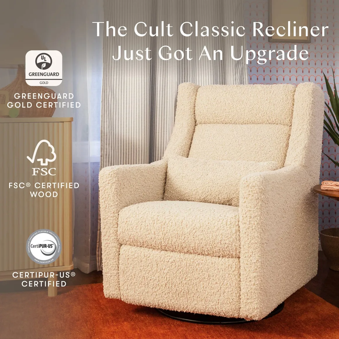 Babyletto Kiwi Plus Electric Recliner Swivel Glider w/ Adjustable Headrest + USB Port - Almond Teddy Loop