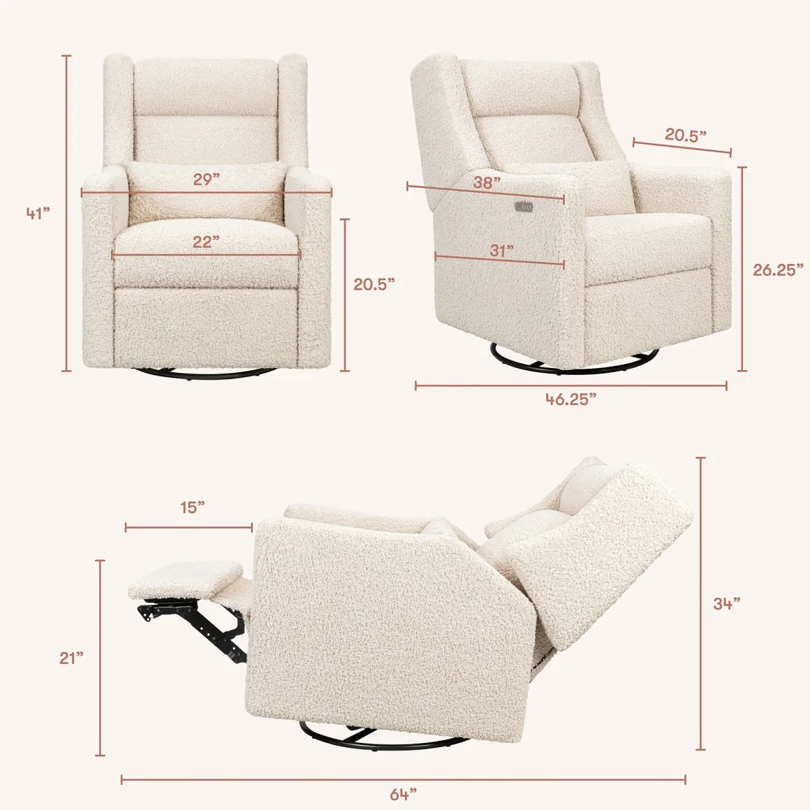 Babyletto Kiwi Plus Electric Recliner Swivel Glider w/ Adjustable Headrest + USB Port - Almond Teddy Loop