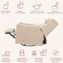 Babyletto Kiwi Plus Electric Recliner Swivel Glider w/ Adjustable Headrest + USB Port - Chai Shearling