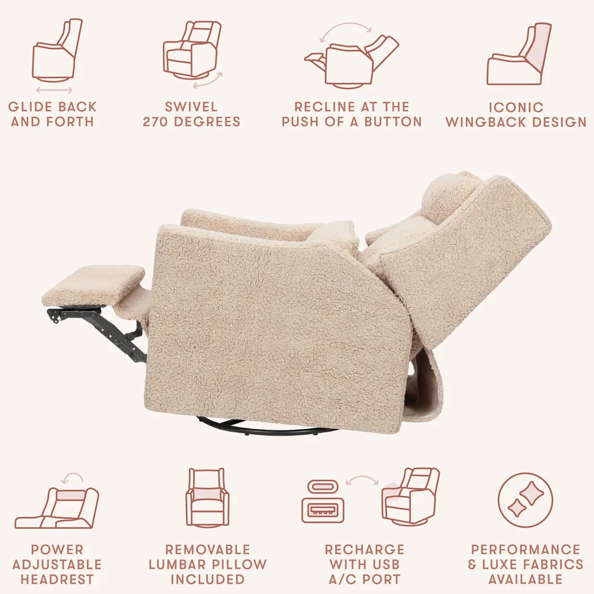 Babyletto Kiwi Plus Electric Recliner Swivel Glider w/ Adjustable Headrest + USB Port - Chai Shearling