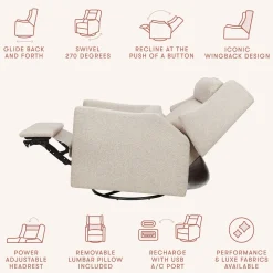 Babyletto Kiwi Plus Electric Recliner Swivel Glider w/ Adjustable Headrest + USB Port - Performance Beach Eco-Weave