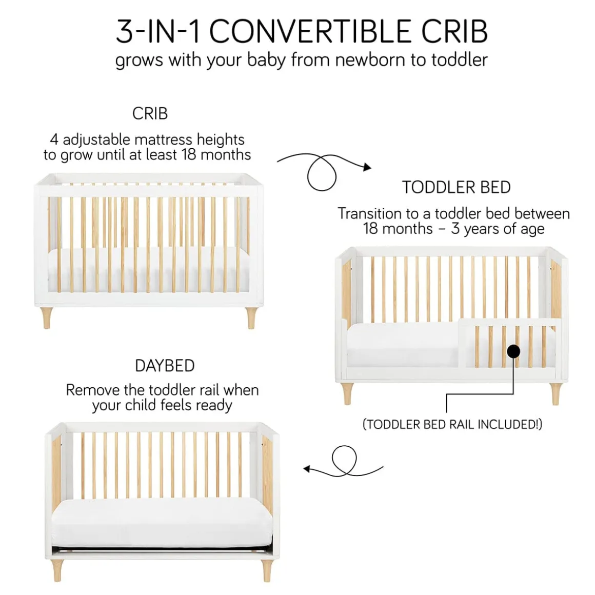 Babyletto Lolly 3-In-1 Convertible Crib with Toddler Bed Conversion Kit - White/Natural