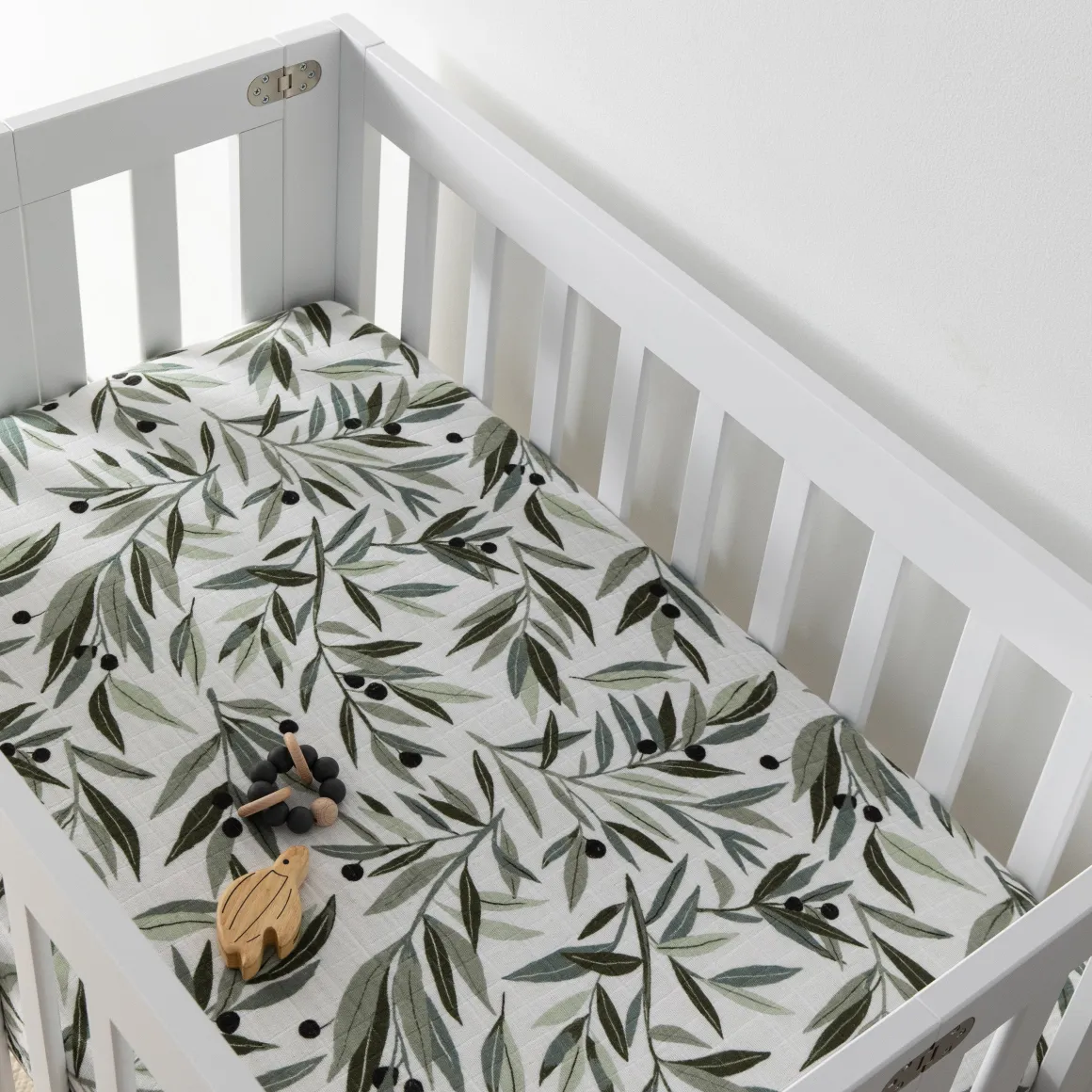 Babyletto Mini Crib Sheet in GOTS Certified Organic Muslin Cotton - Olive Branches