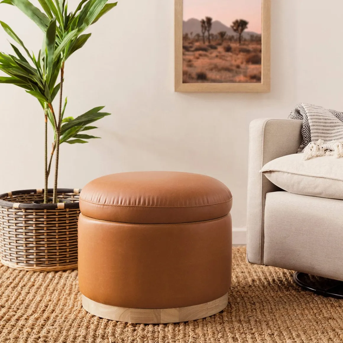 Babyletto Naka Storage Ottoman - Vegan Tan Leather w/ Light Wood Base