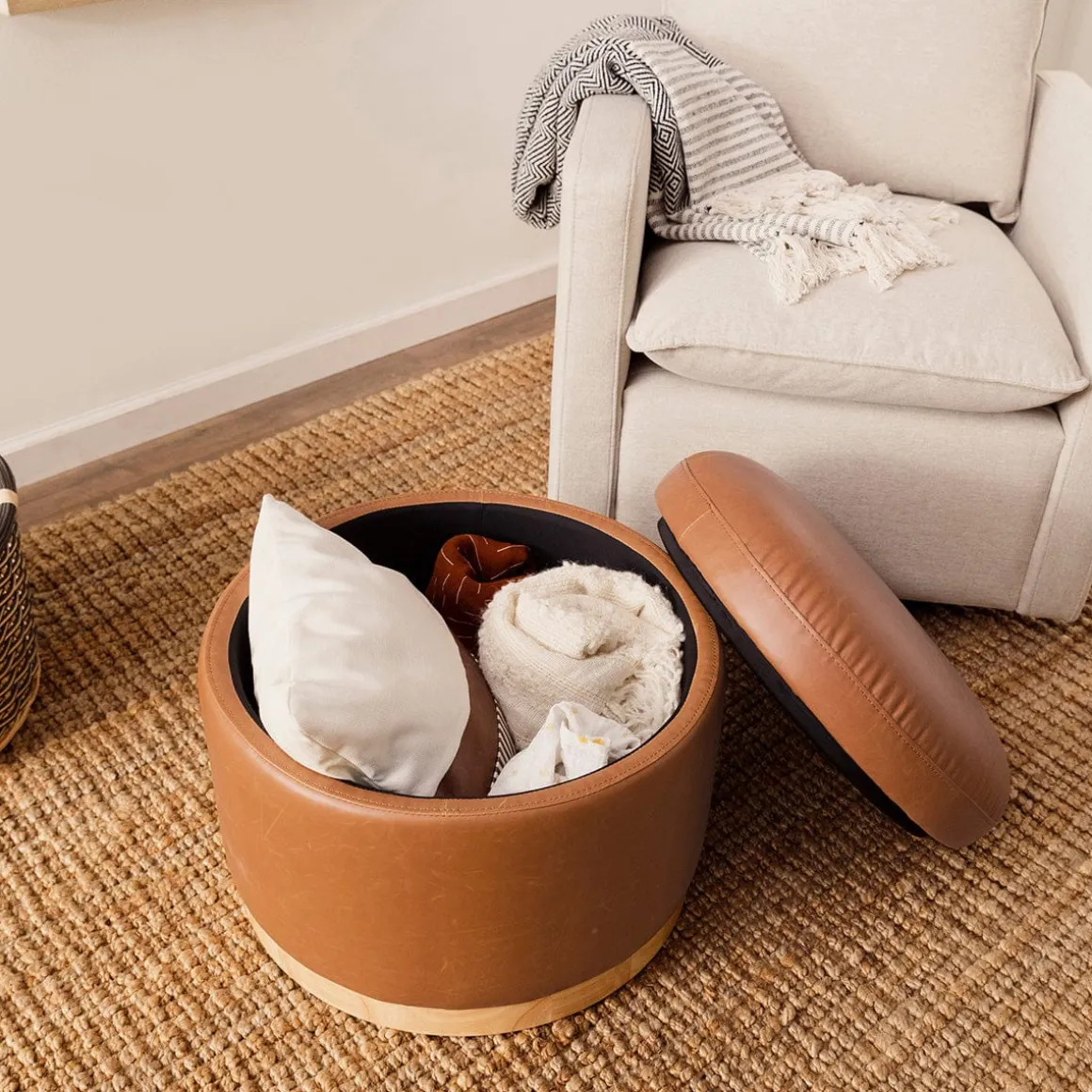 Babyletto Naka Storage Ottoman - Vegan Tan Leather w/ Light Wood Base