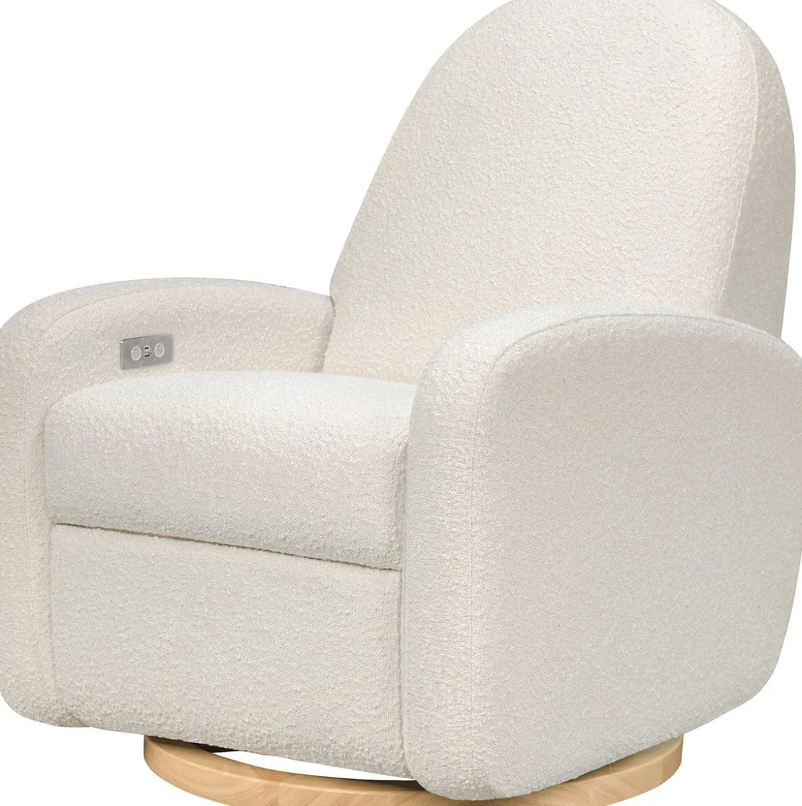 Babyletto Nami Electronic Swivel Glider Recliner w/ USB - Ivory Boucle w/ Light Wood Base