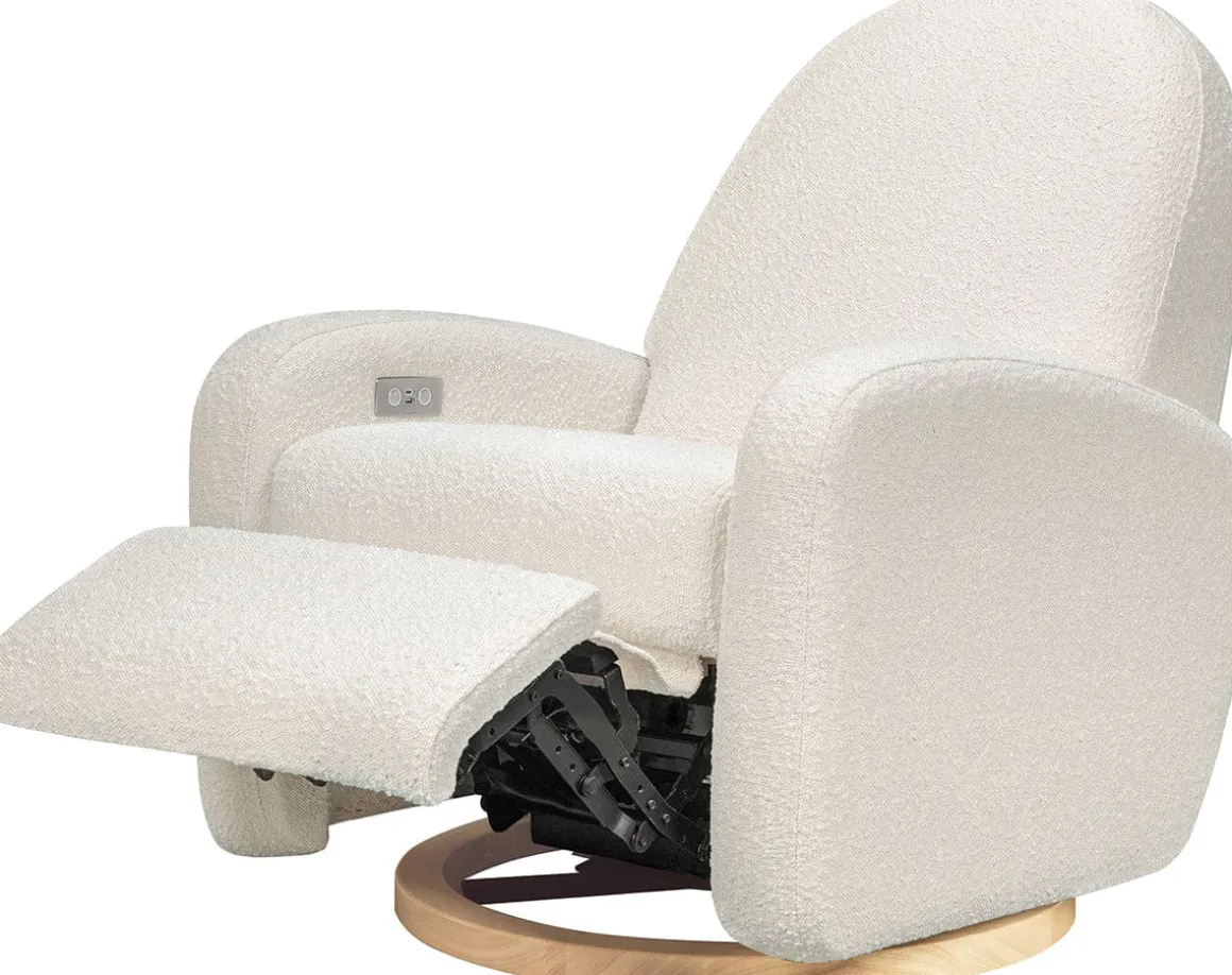 Babyletto Nami Electronic Swivel Glider Recliner w/ USB - Ivory Boucle w/ Light Wood Base