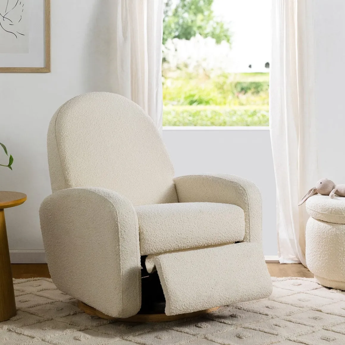 Babyletto Nami Electronic Swivel Glider Recliner w/ USB - Ivory Boucle w/ Light Wood Base