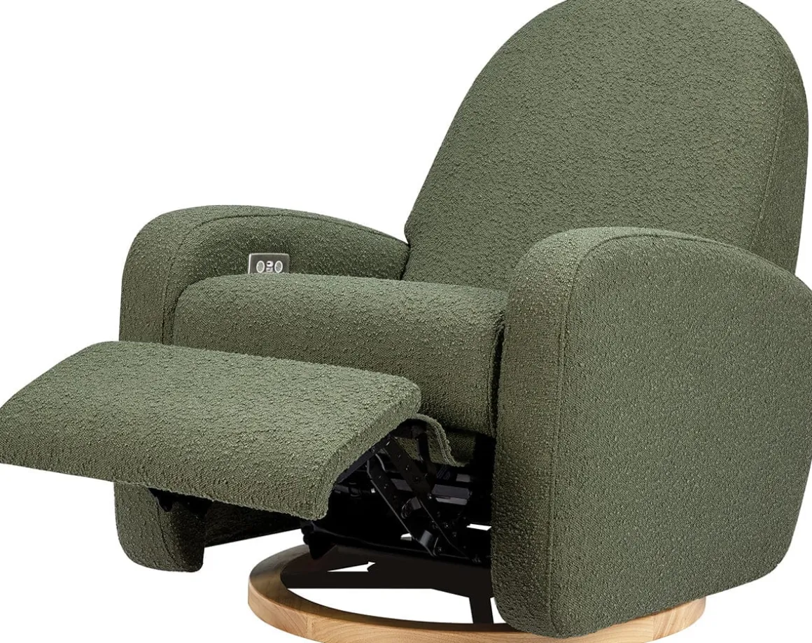 Babyletto Nami Electronic Swivel Glider Recliner w/ USB - Olive Boucle w/ Light Wood Base