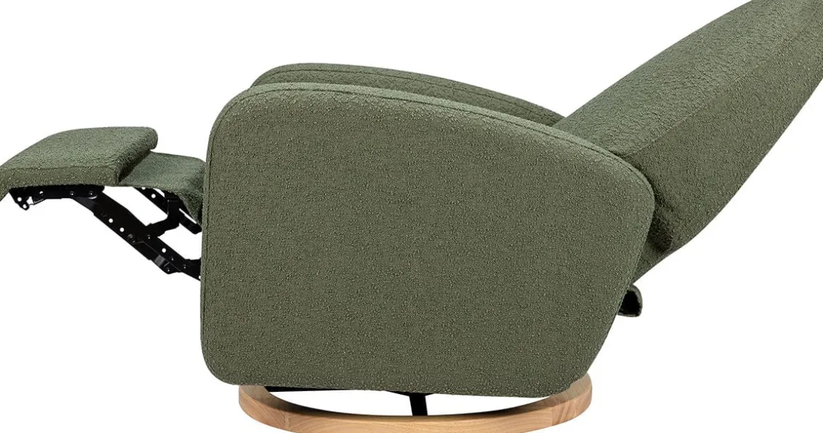 Babyletto Nami Electronic Swivel Glider Recliner w/ USB - Olive Boucle w/ Light Wood Base