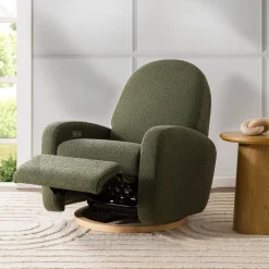 Babyletto Nami Electronic Swivel Glider Recliner w/ USB - Olive Boucle w/ Light Wood Base
