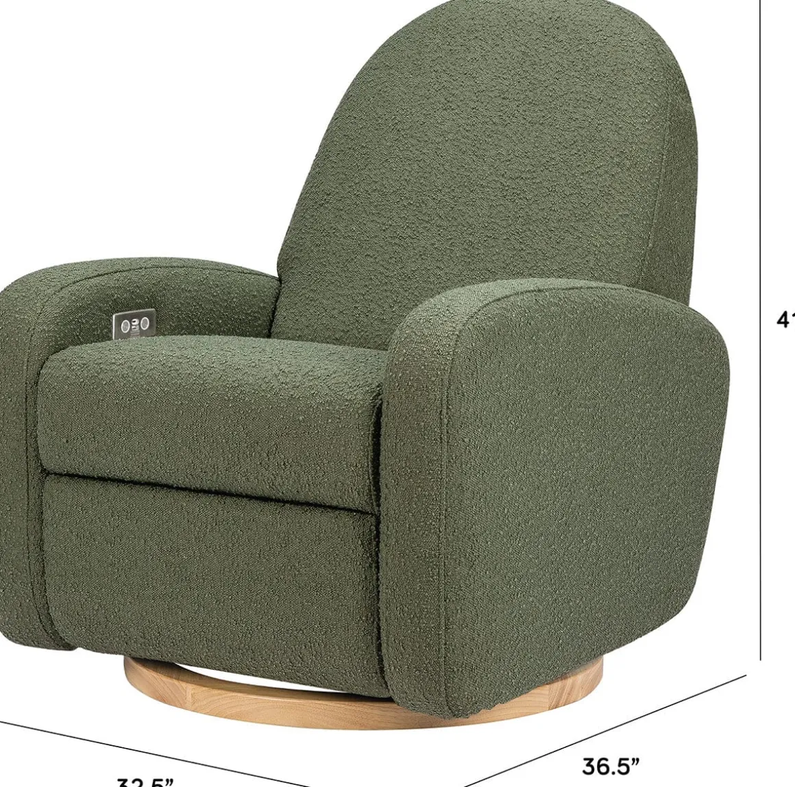 Babyletto Nami Electronic Swivel Glider Recliner w/ USB - Olive Boucle w/ Light Wood Base