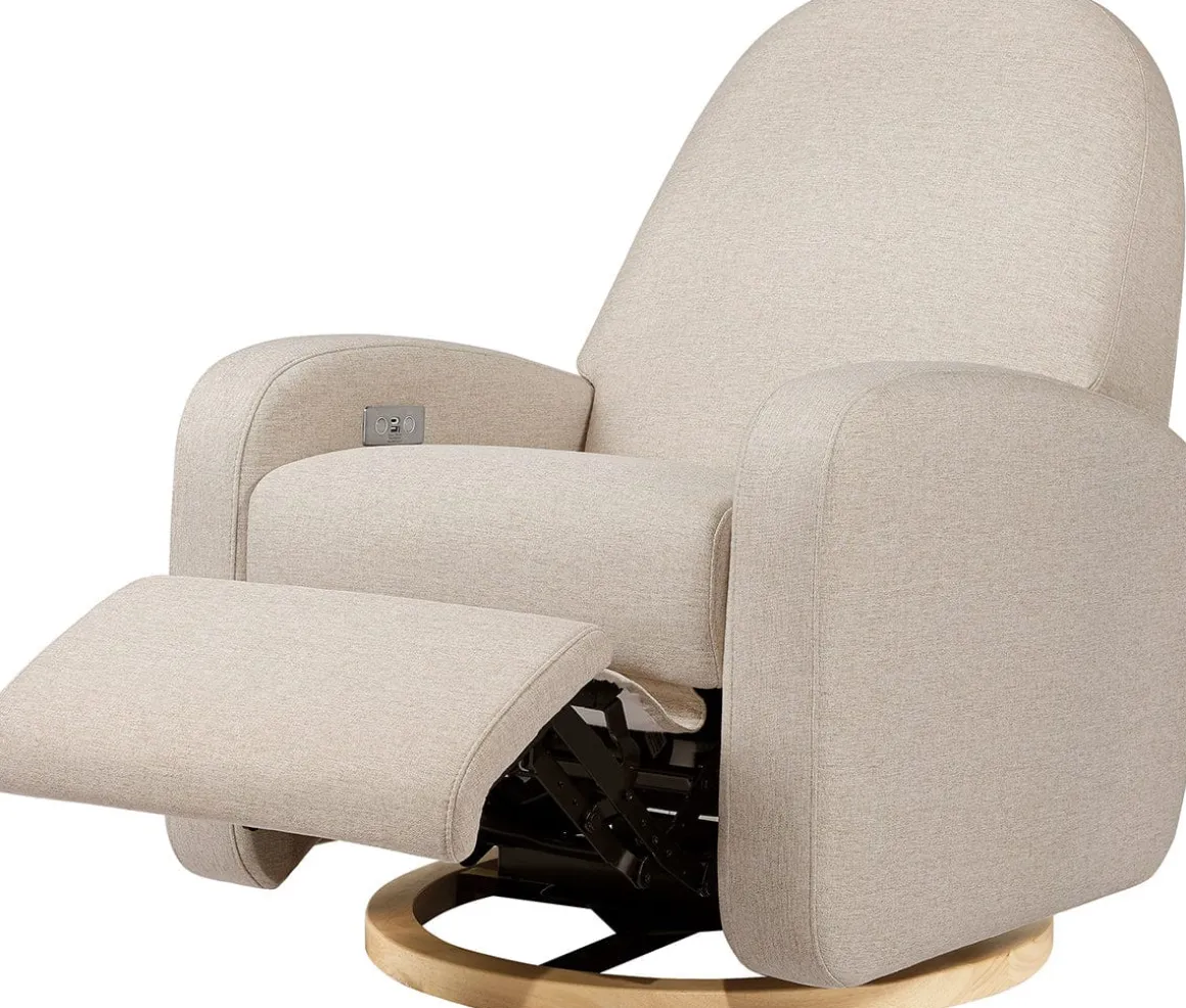 Babyletto Nami Electronic Swivel Glider Recliner w/ USB - Performance Beach Eco-Weave w/ Light Wood Base