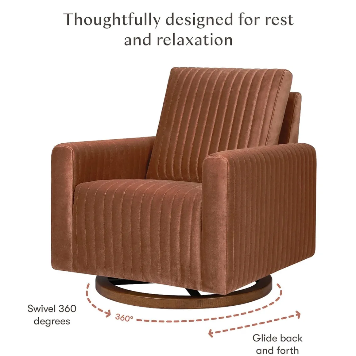 Babyletto Poe Channeled Swivel Glider - Rust Velvet w/ Dark Wood Base
