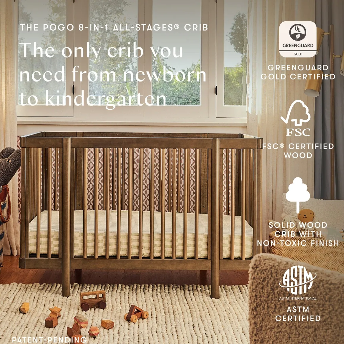 Babyletto Pogo 8-in-1 Convertible Crib w/All-Stages Conversion Kits - Natural Walnut