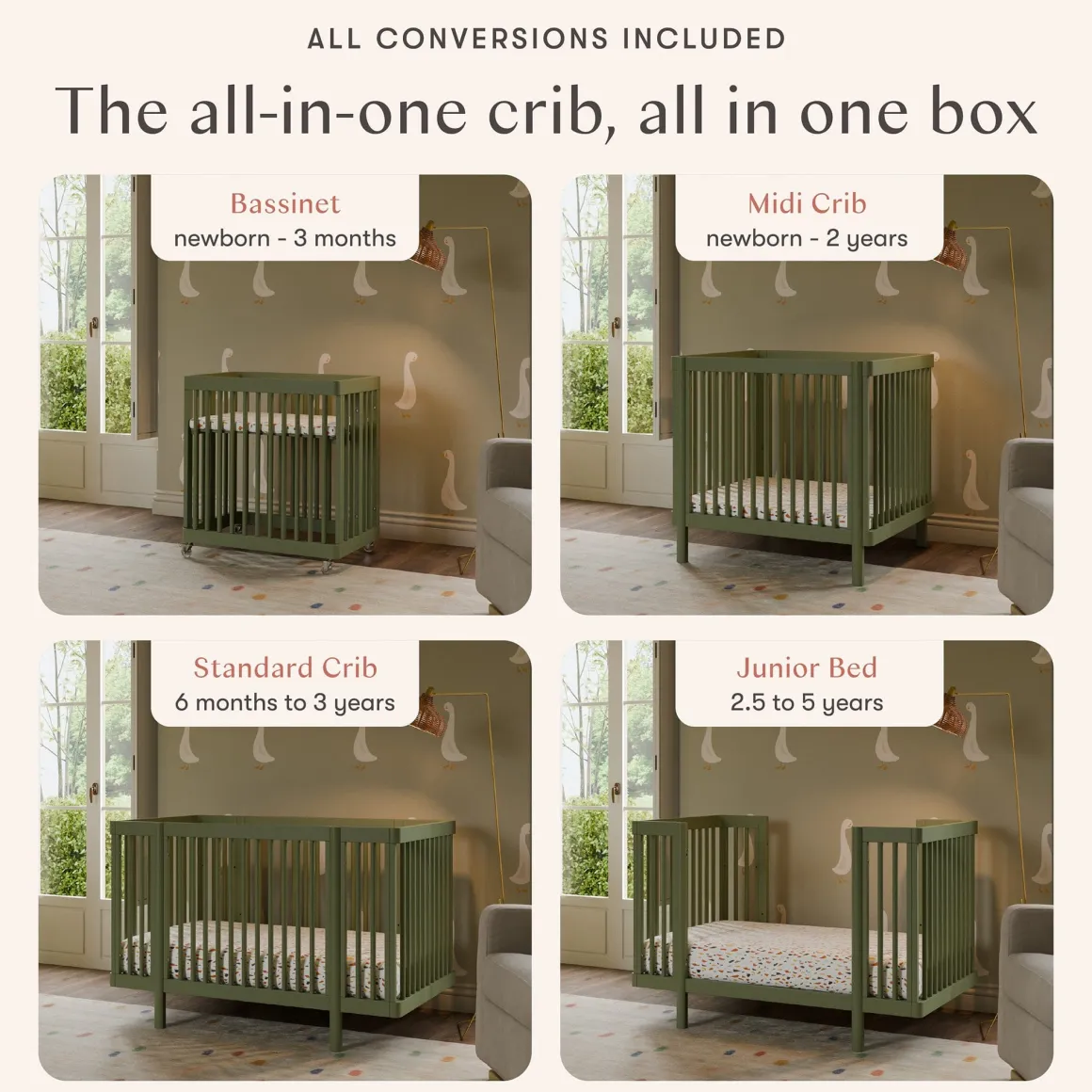 Babyletto Pogo 8-in-1 Convertible Crib w/All-Stages Conversion Kits - Olive