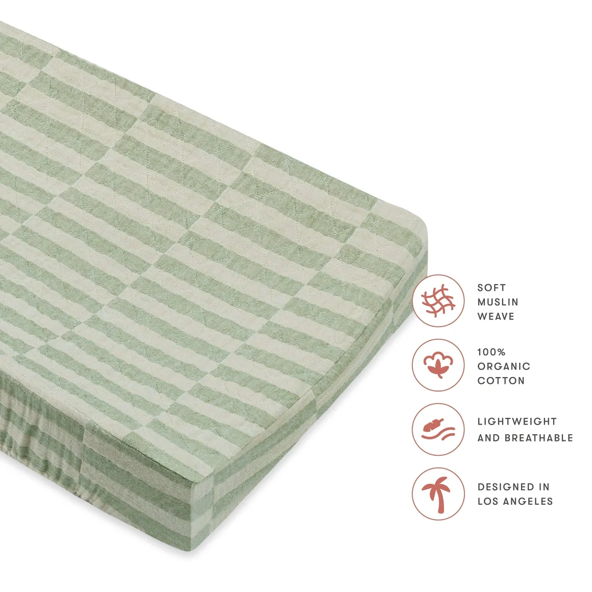Babyletto Quilted Changing Pad Cover in GOTS Certified Organic Muslin Cotton - Moss Stripe