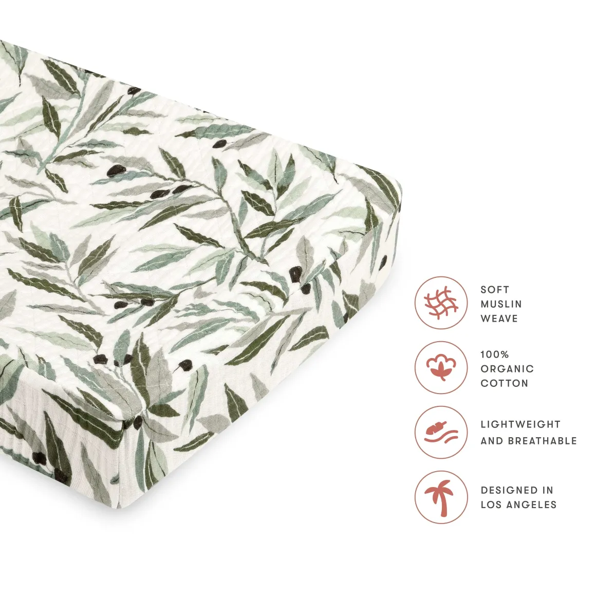 Babyletto Quilted Changing Pad Cover in GOTS Certified Organic Muslin Cotton - Olive Branches