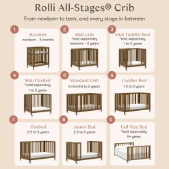 Babyletto Rolli 9-in-1 Convertible All-Stages Crib with Bassinet & Toddler Bed Conversion Kits - Natural Walnut