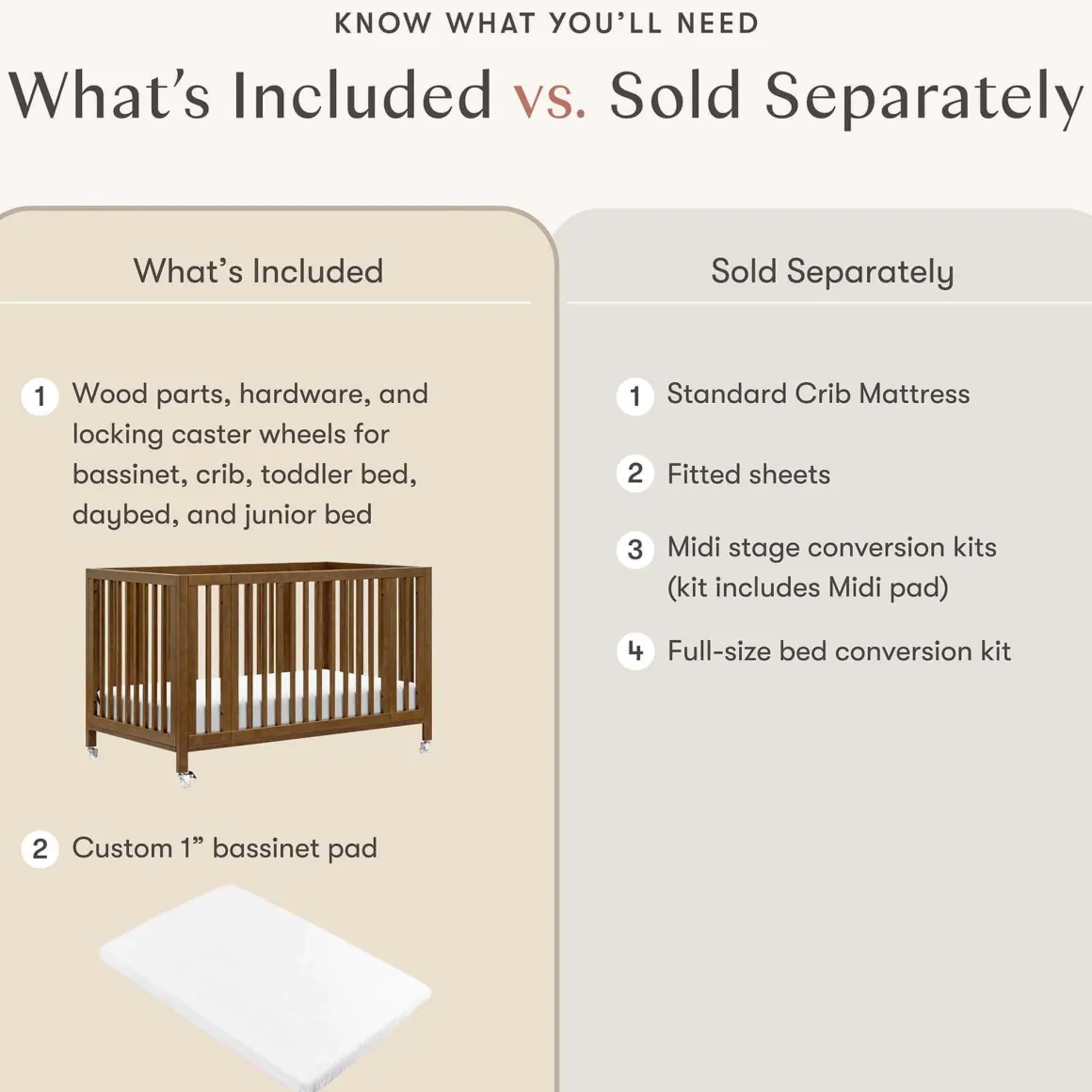 Babyletto Rolli 9-in-1 Convertible All-Stages Crib with Bassinet & Toddler Bed Conversion Kits - Natural Walnut