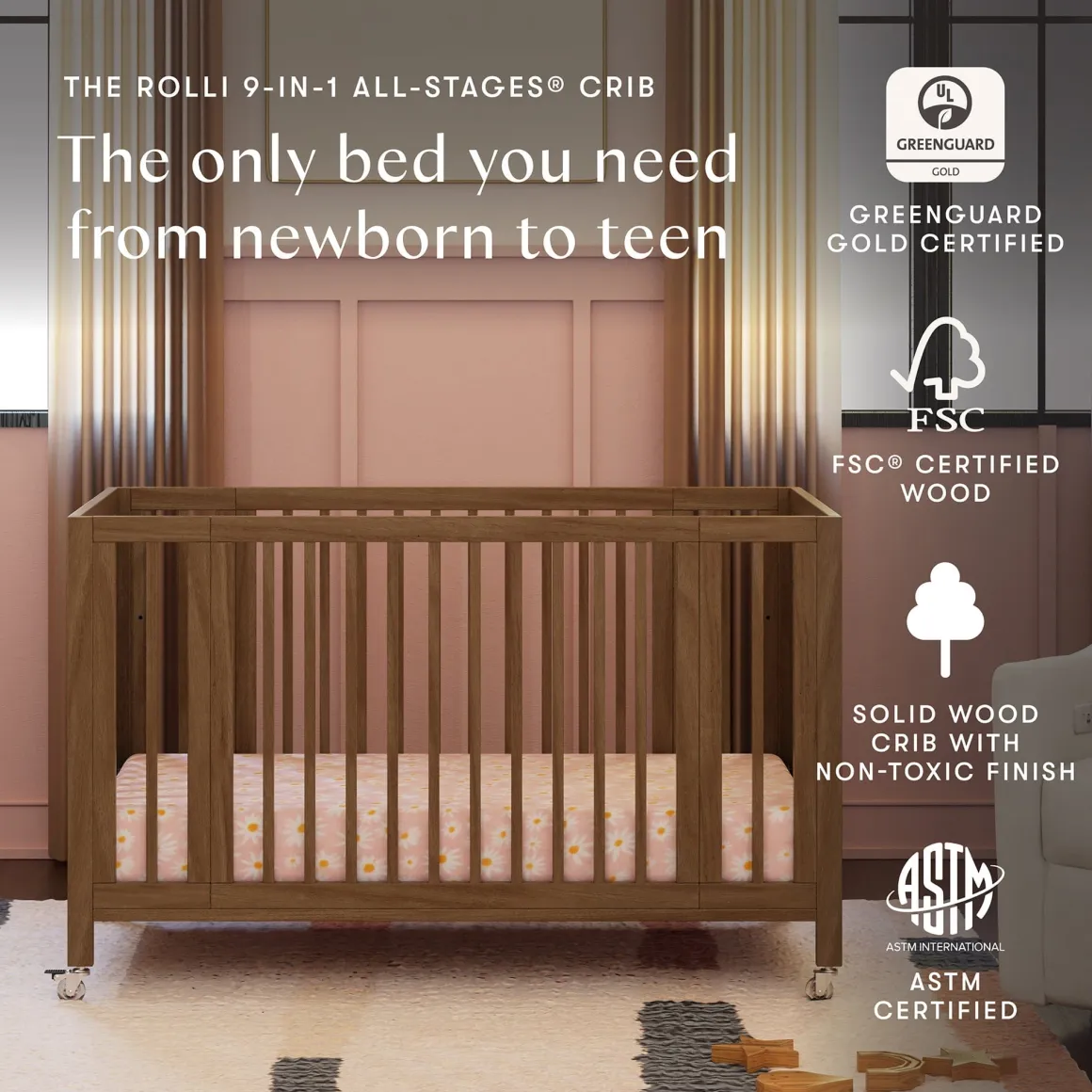 Babyletto Rolli 9-in-1 Convertible All-Stages Crib with Bassinet & Toddler Bed Conversion Kits - Natural Walnut