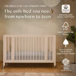 Babyletto Rolli 9-in-1 Convertible All-Stages Crib with Bassinet & Toddler Bed Conversion Kits - Washed Natural