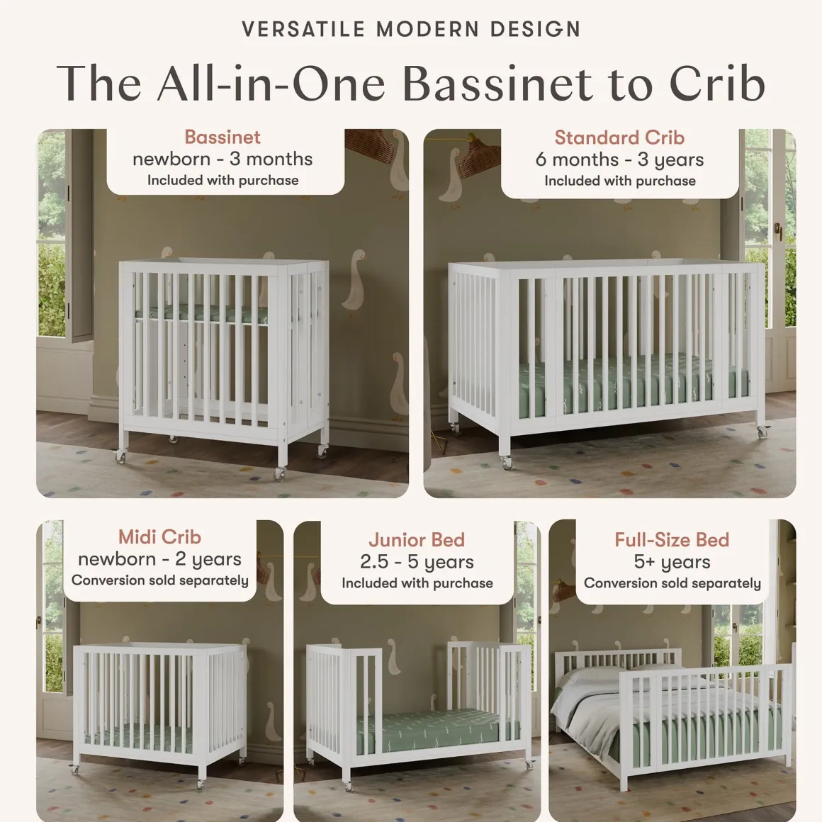 Babyletto Rolli 9-in-1 Convertible All-Stages Crib with Bassinet & Toddler Bed Conversion Kits - White