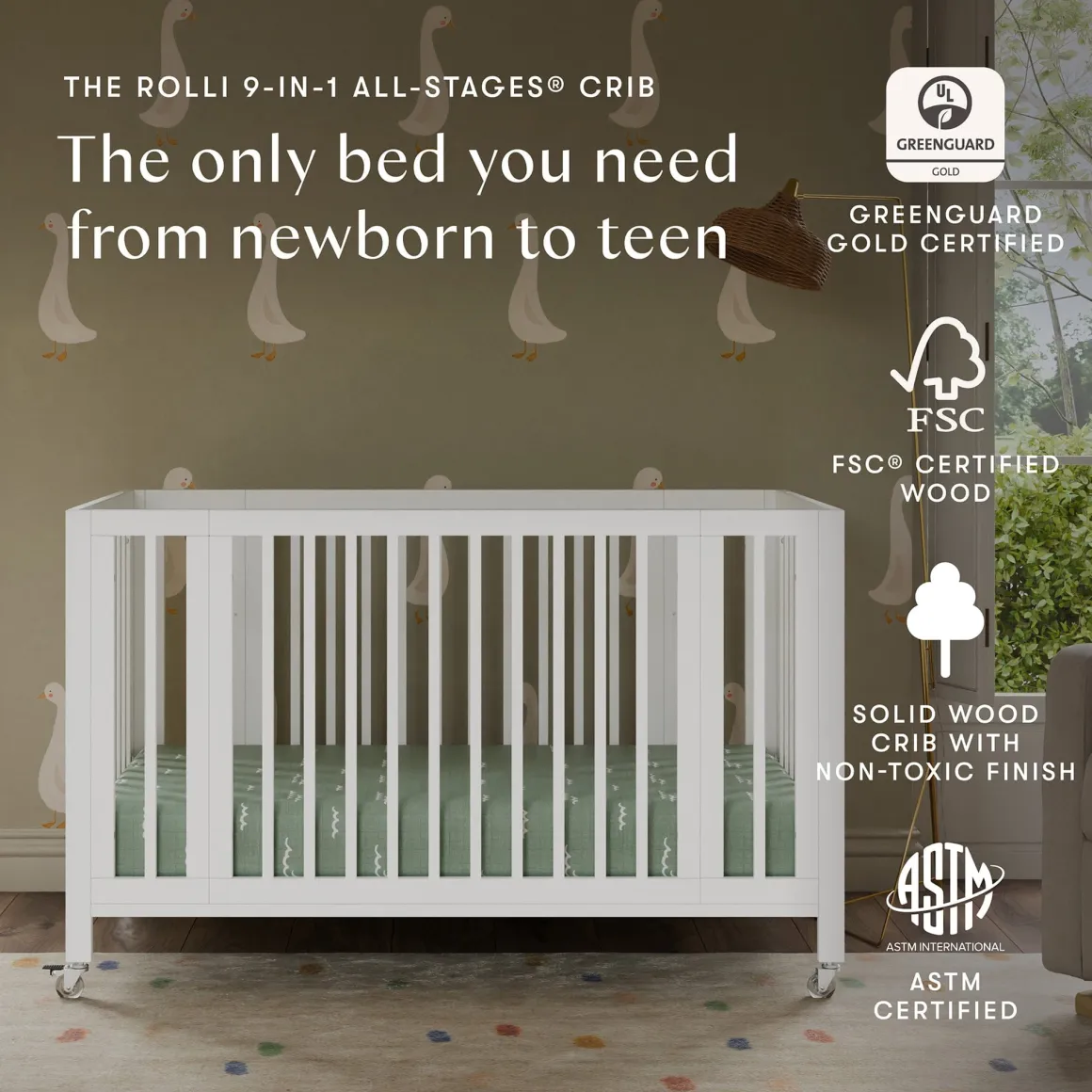 Babyletto Rolli 9-in-1 Convertible All-Stages Crib with Bassinet & Toddler Bed Conversion Kits - White