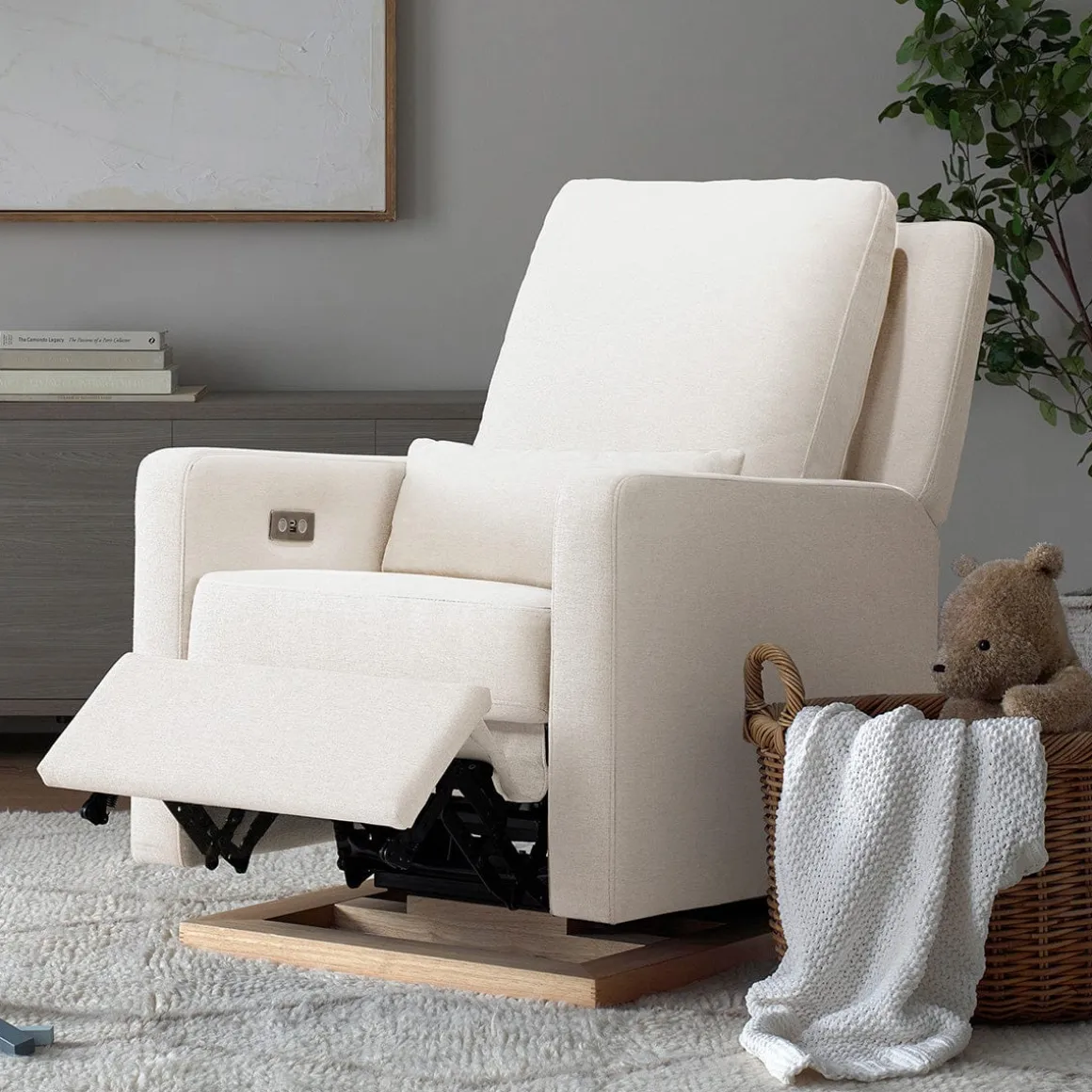 Babyletto Sigi Electronic Glider Recliner w/USB - Performance Cream Eco-Weave w/Light Wood Base