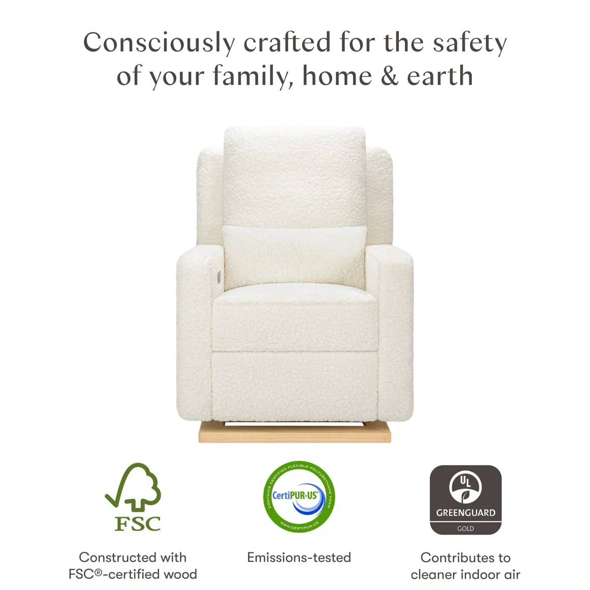 Babyletto Sigi Electronic Recliner and Glider w/ USB - Cream Shearling / Light Wood Base