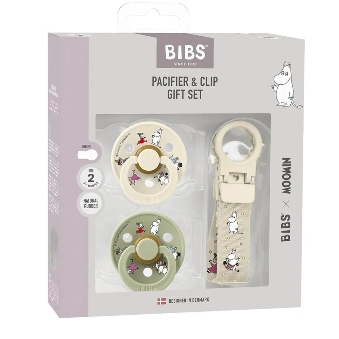 BIBS x Moomin Colour Pacifier & Loop Clip Gift Set - Ivory/Sage - Size 2 (6+ m)