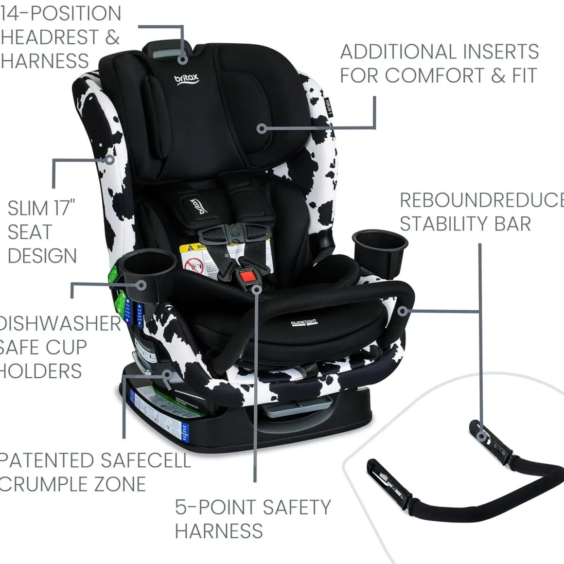Britax Poplar S ClickTight Convertible Car Seat, Slim 17-Inch Design - Cowmooflage