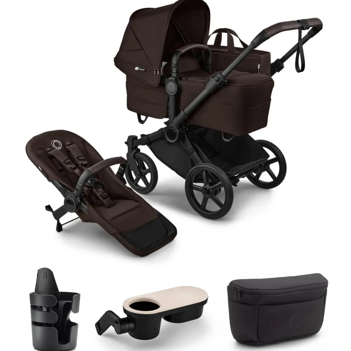 Bugaboo Donkey 6 Complete Single-to-Double Stroller + Essential Accessories Bundle - Black / Cocoa Brown / Cocoa Brown
