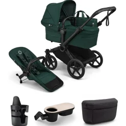 Bugaboo Donkey 6 Complete Single-to-Double Stroller + Essential Accessories Bundle - Black / Fern Green / Fern Green