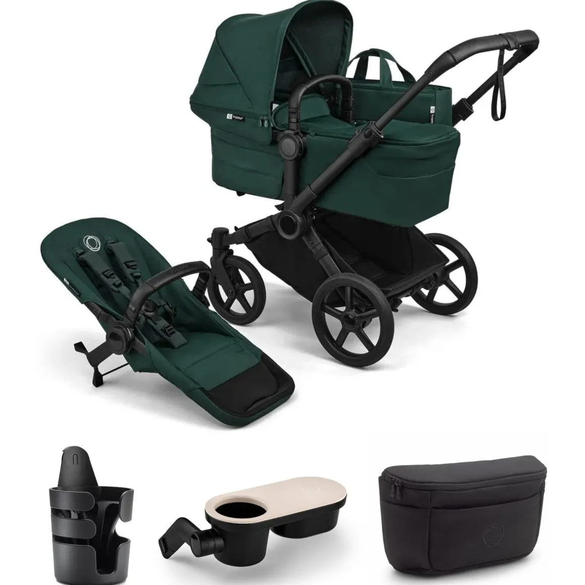 Bugaboo Donkey 6 Complete Single-to-Double Stroller + Essential Accessories Bundle - Black / Fern Green / Fern Green