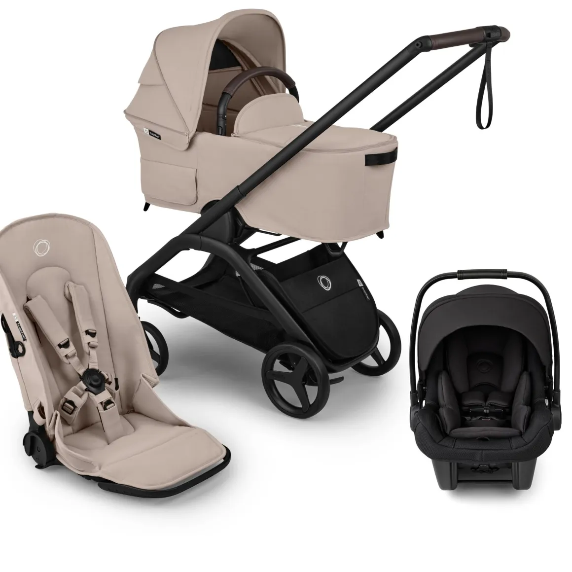 Bugaboo Dragonfly Plus Seat & Bassinet Complete Stroller + Turtle Air Shield Travel System Bundle - Black / Desert Taupe / Black