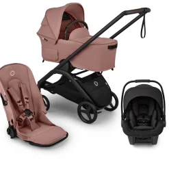 Bugaboo Dragonfly Plus Seat & Bassinet Complete Stroller + Turtle Air Shield Travel System Bundle - Black / Dusty Pink / Black