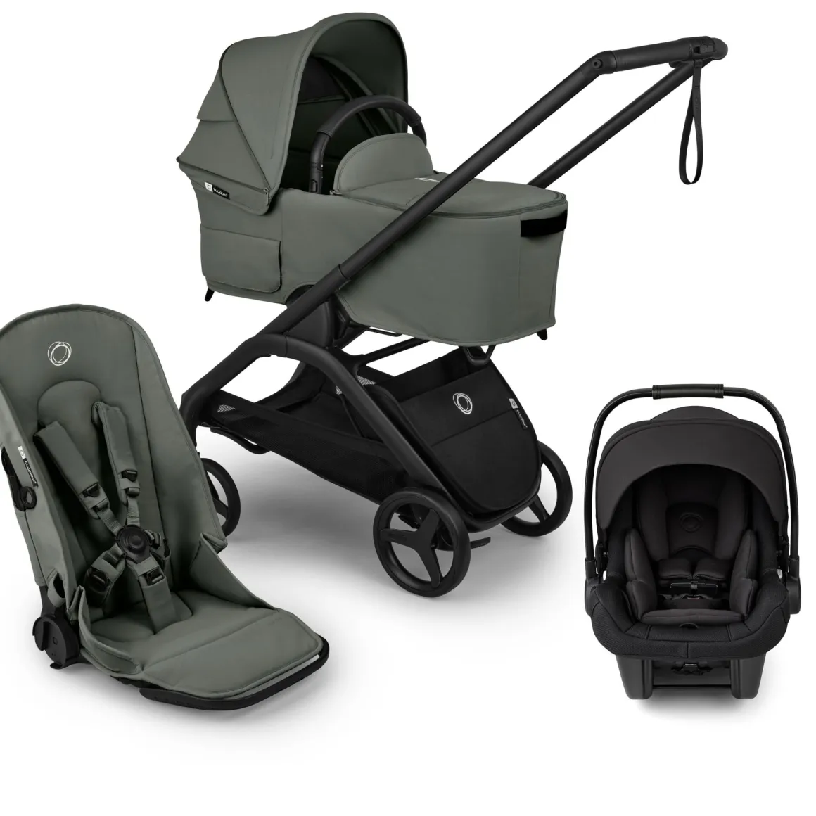 Bugaboo Dragonfly Plus Seat & Bassinet Complete Stroller + Turtle Air Shield Travel System Bundle - Black / Forest Green / Black