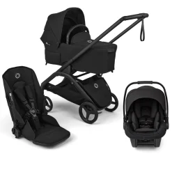 Bugaboo Dragonfly Plus Seat & Bassinet Complete Stroller + Turtle Air Shield Travel System Bundle - Black / Heritage Black / Black