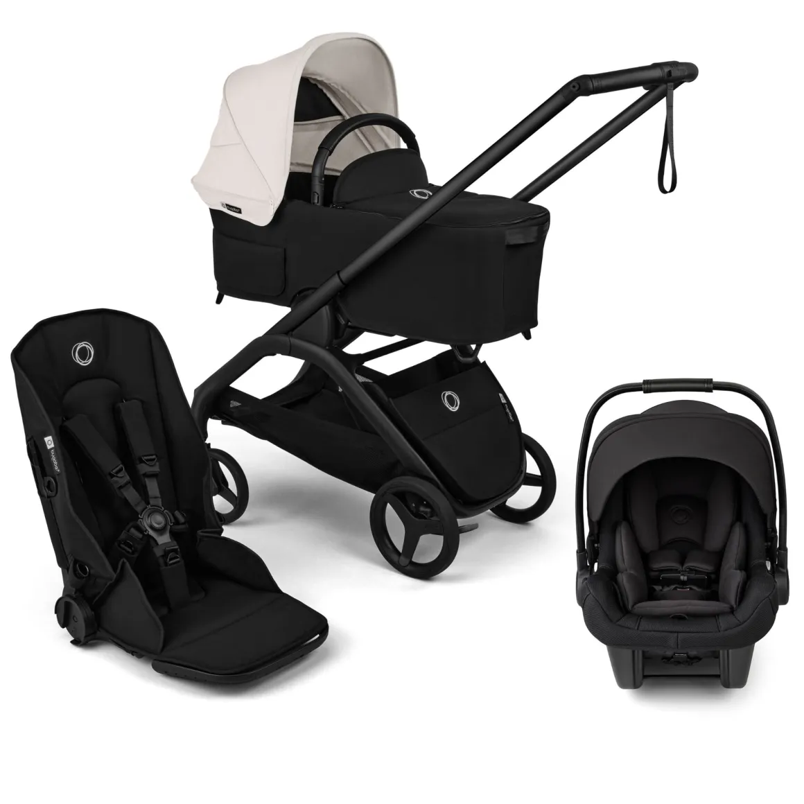 Bugaboo Dragonfly Plus Seat & Bassinet Complete Stroller + Turtle Air Shield Travel System Bundle - Black / Misty White / Black