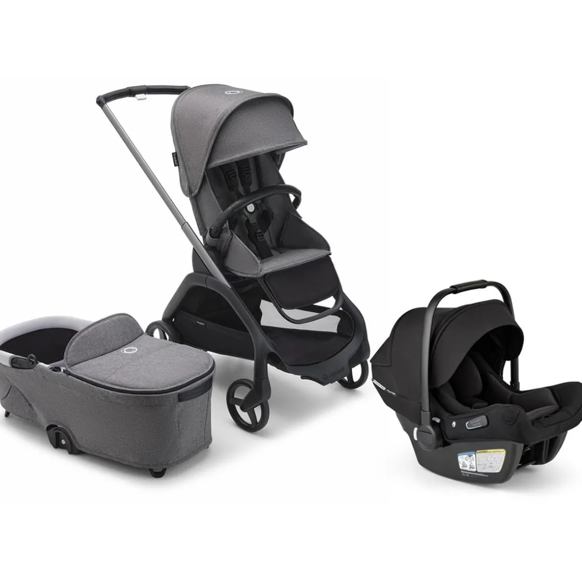 Bugaboo Dragonfly Stroller + Bassinet + Turtle Air Shield Travel System Bundle - Graphite / Grey Melange / Grey Melange / Black