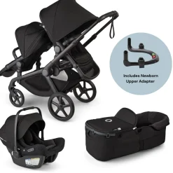Bugaboo Kangaroo Complete All-Position Double + Turtle Air Shield Travel System Bundle - Midnight Black