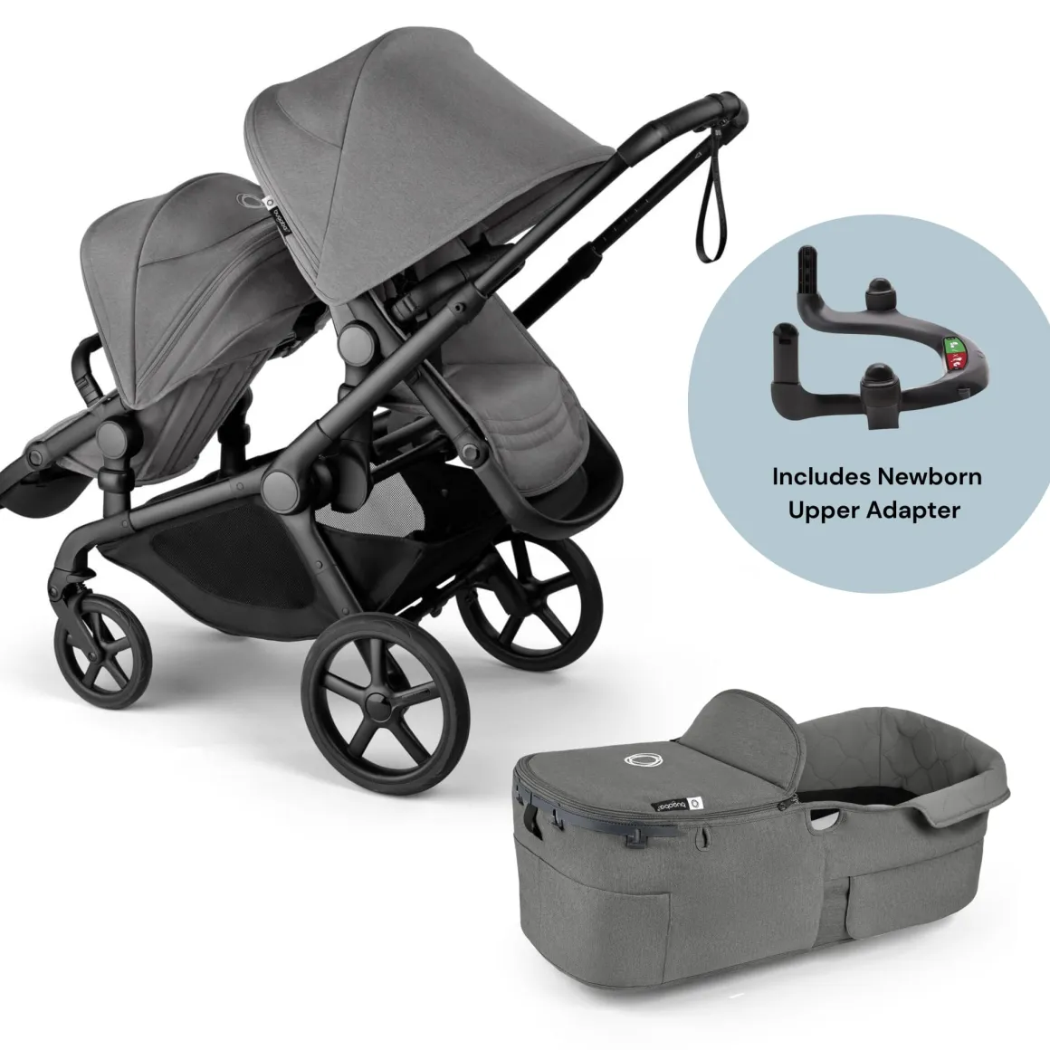 Bugaboo Kangaroo Complete All-Position Double Stroller + Bassinet Bundle - Moon Grey