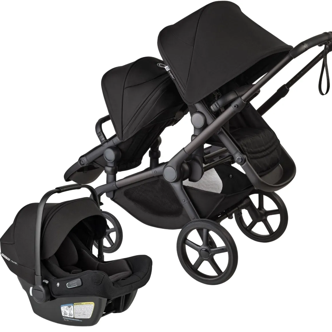 Bugaboo Kangaroo Double Seat Stroller + Turtle Air Shield by Nuna Travel System Bundle - Black / Midnight Black / Midnight Black