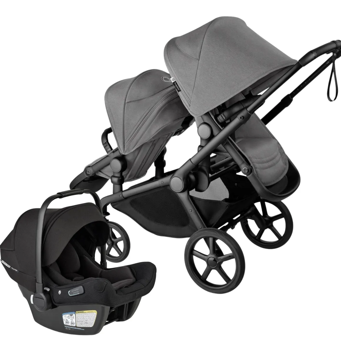 Bugaboo Kangaroo Double Seat Stroller + Turtle Air Shield by Nuna Travel System Bundle - Black / Moon Grey / Moon Grey