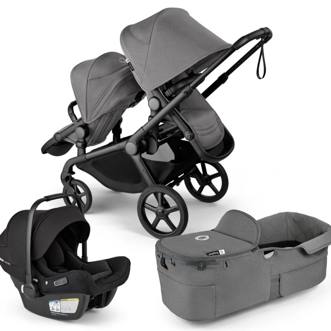 Bugaboo Kangaroo Double Stroller + Turtle Air Shield By Nuna Travel System Bundle - Black / Moon Grey / Moon Grey